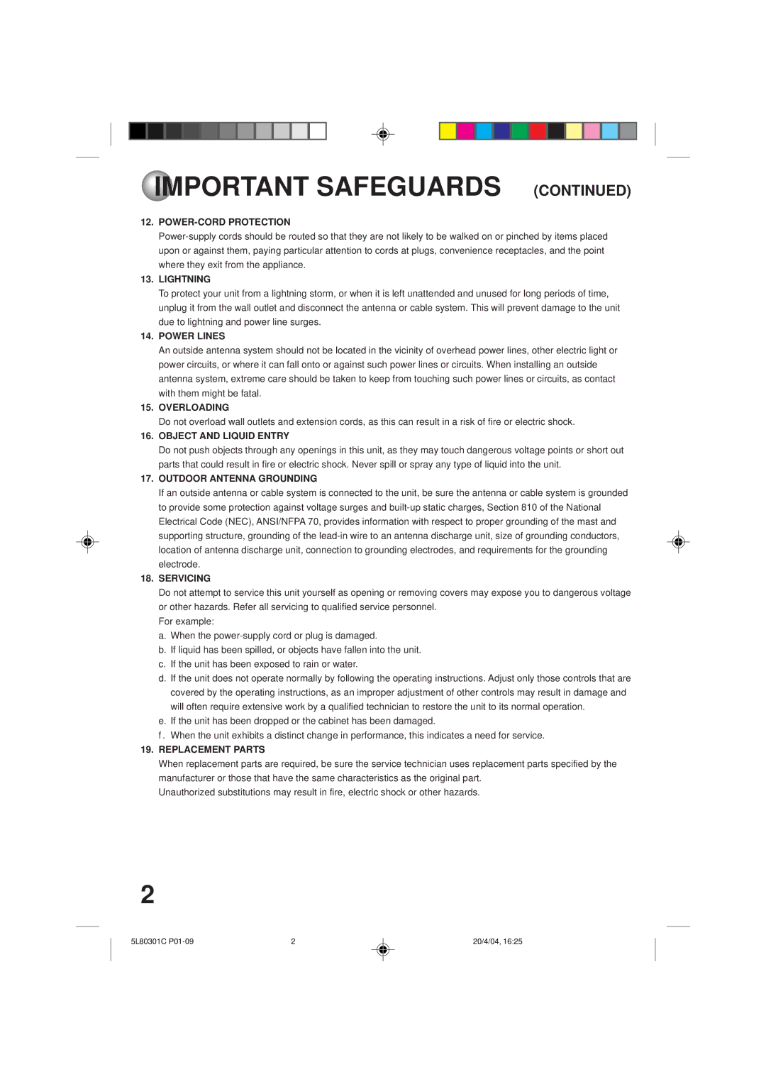 Toshiba MV13P3 owner manual POWER-CORD Protection, Lightning, Power Lines, Overloading, Object and Liquid Entry, Servicing 