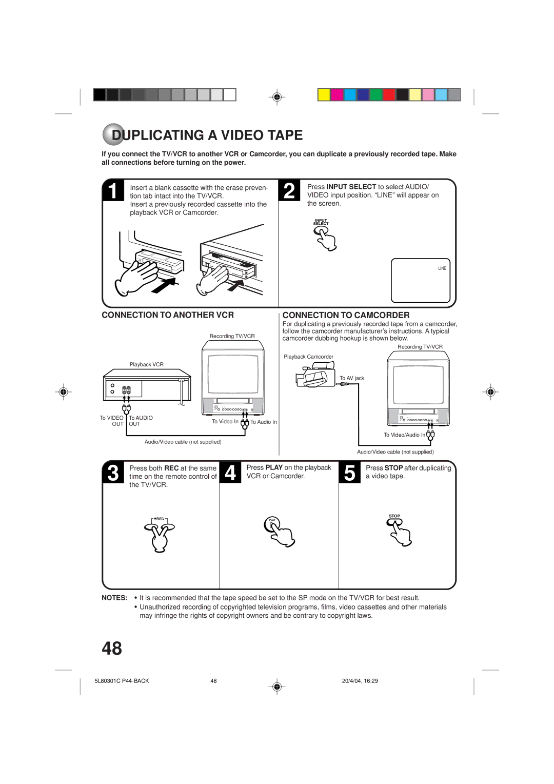 Toshiba MV13P3 owner manual Duplicating a Video Tape, Connection to Another VCR, Connection to Camcorder 