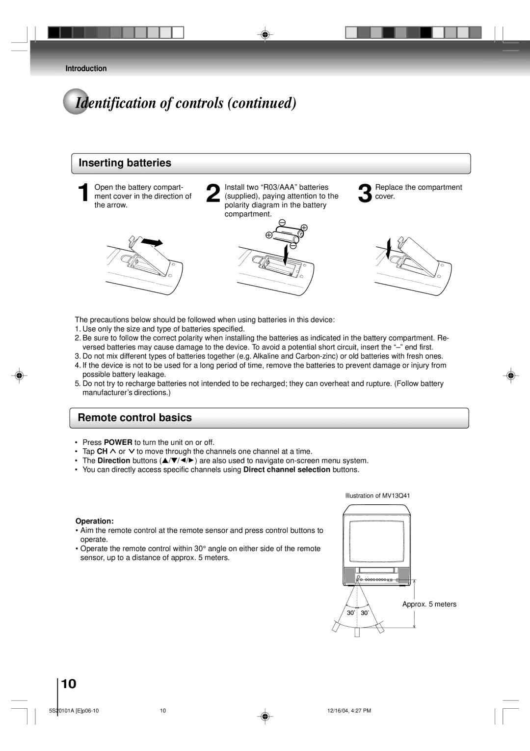 Toshiba MV13Q41 owner manual Inserting batteries, Operation 