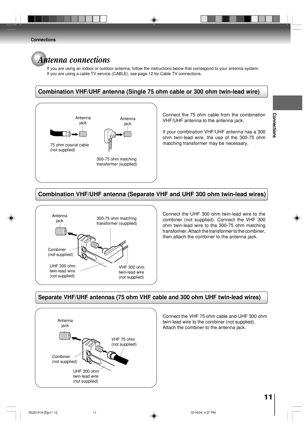 Toshiba MV13Q41 owner manual Antenna connections, Connections 