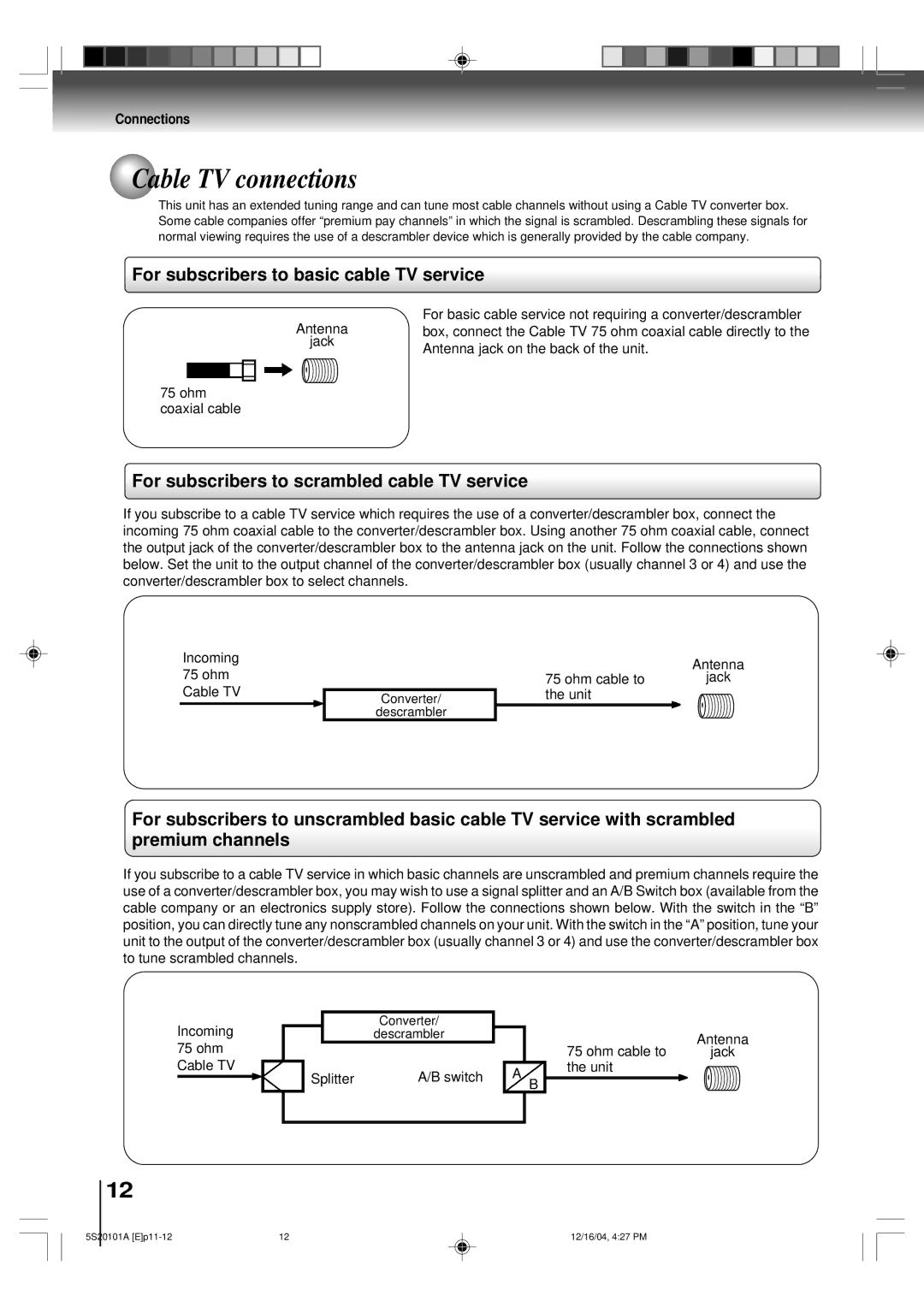 Toshiba MV13Q41 owner manual Cable TV connections, For subscribers to basic cable TV service 