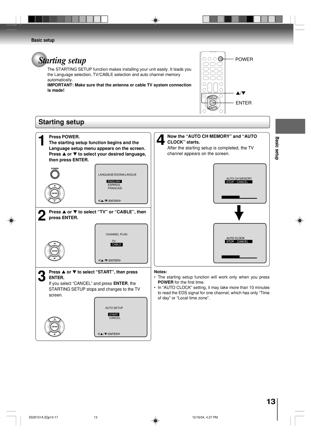 Toshiba MV13Q41 Starting setup, Now the Auto CH Memory and Auto Clock starts, Press or to select START, then press, Enter 