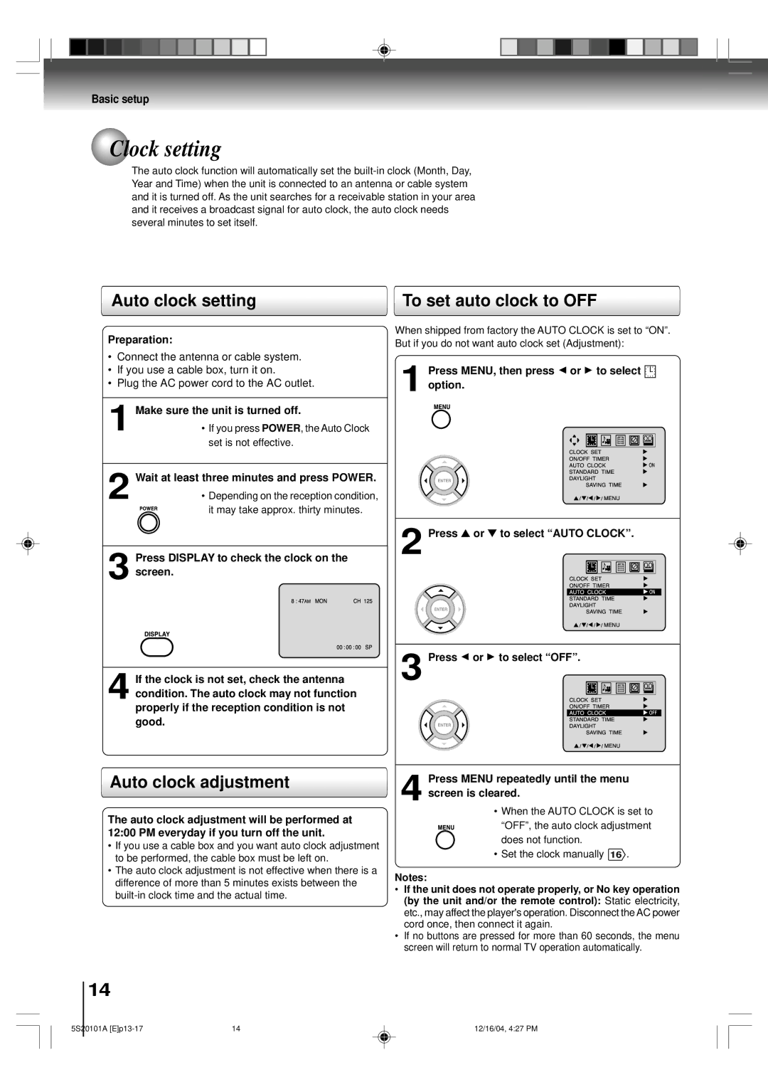 Toshiba MV13Q41 owner manual Clock setting, Auto clock setting To set auto clock to OFF, Auto clock adjustment 