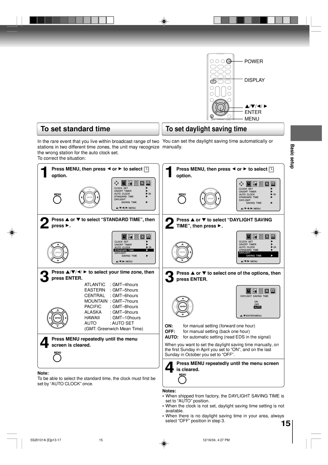 Toshiba MV13Q41 owner manual To set standard time To set daylight saving time, Option, Press a 