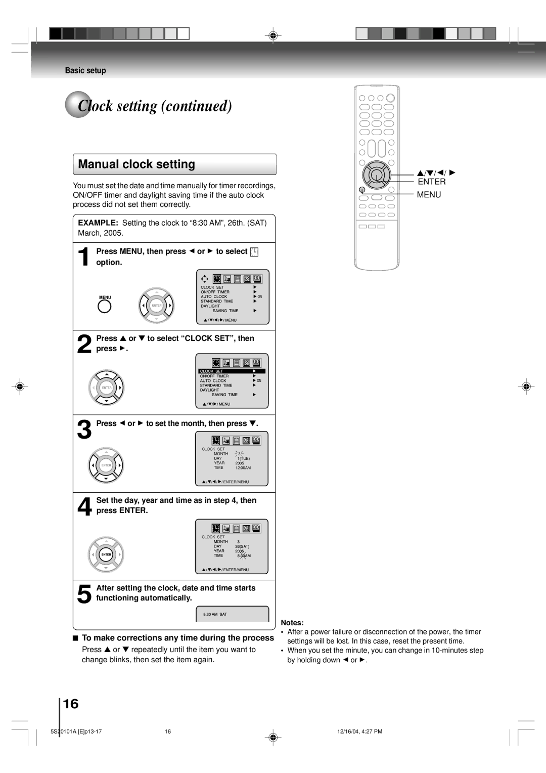 Toshiba MV13Q41 owner manual Manual clock setting, Set the day, year and time as in , then 