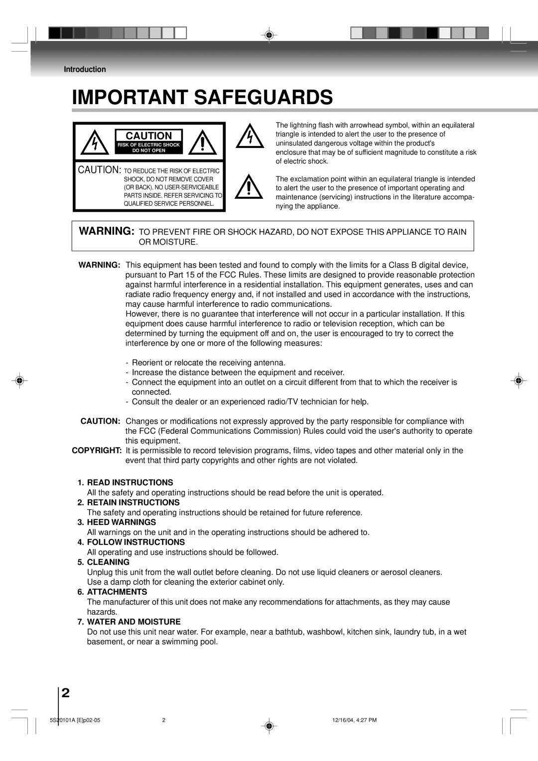 Toshiba MV13Q41 Read Instructions, Retain Instructions, Heed Warnings, Follow Instructions, Cleaning, Attachments 