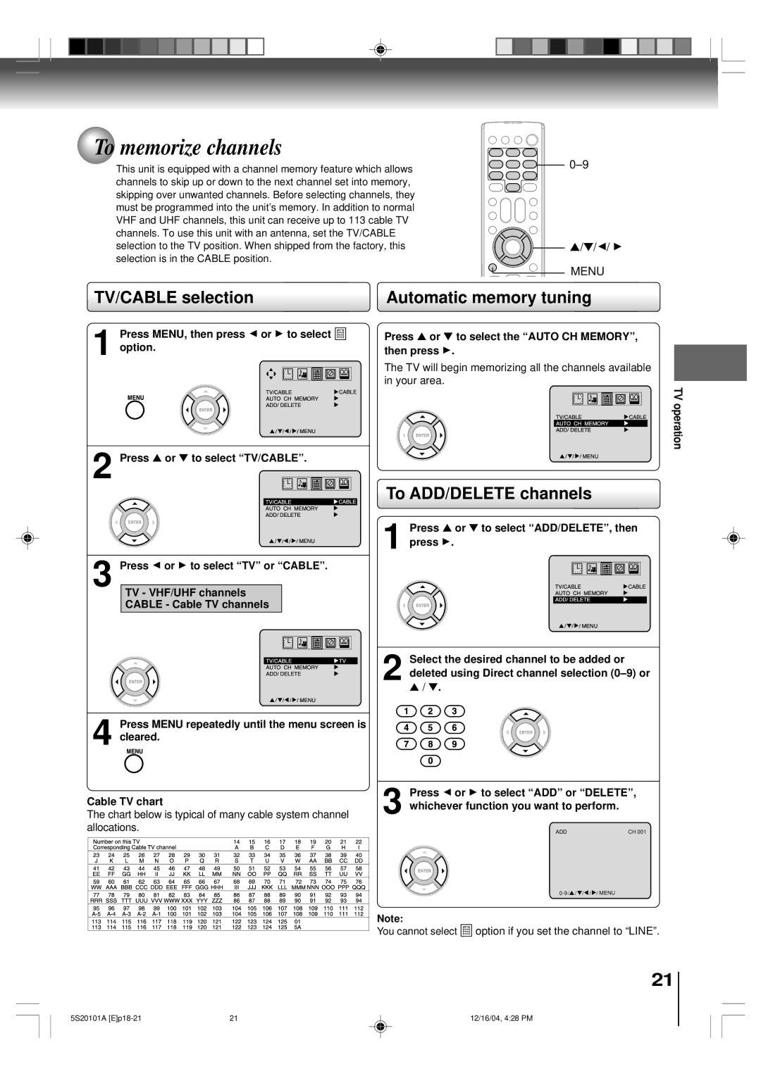 Toshiba MV13Q41 owner manual To memorize channels, TV/CABLE selection Automatic memory tuning, To ADD/DELETE channels 