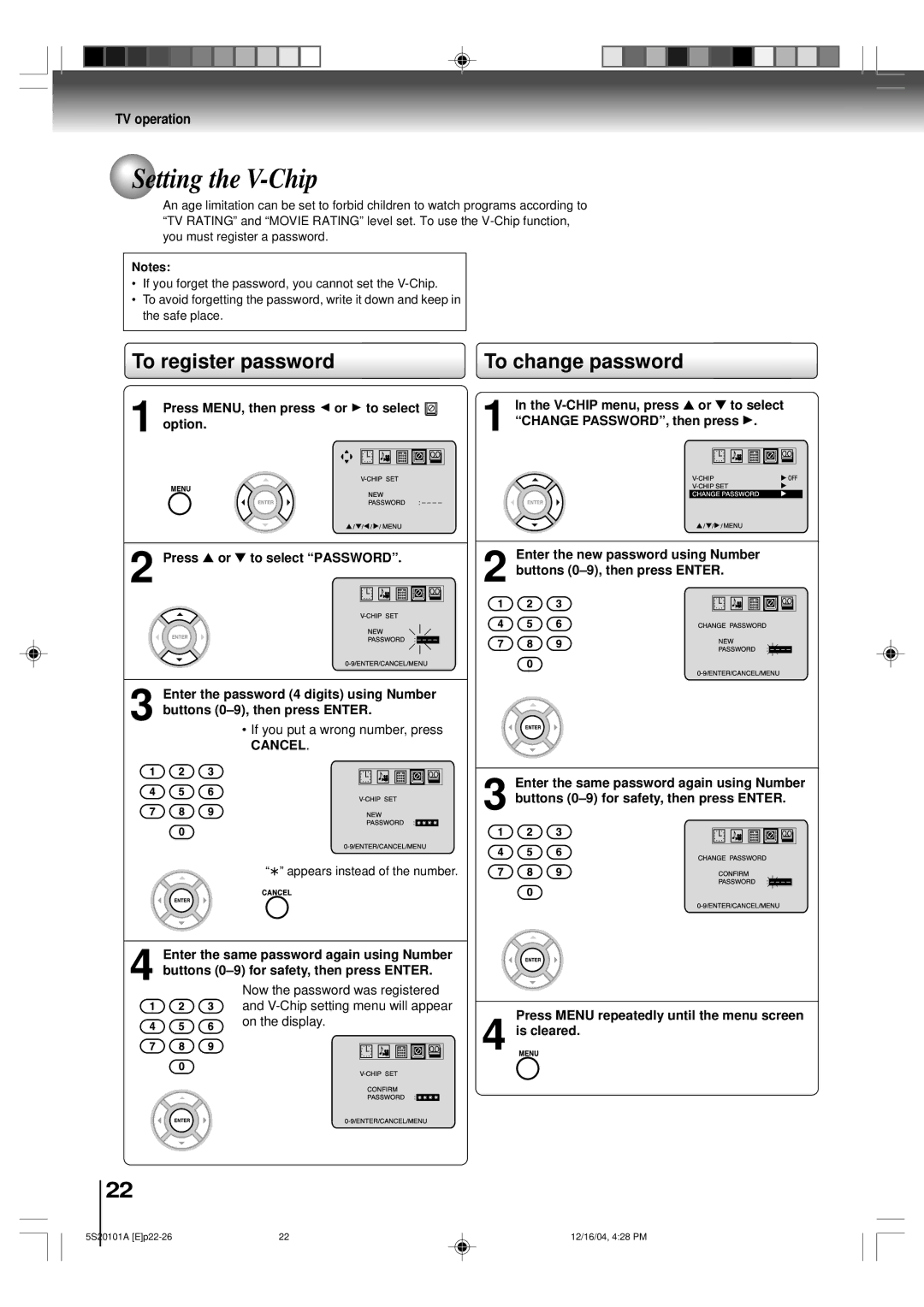 Toshiba MV13Q41 Setting the V-Chip, To register password To change password, Cancel, Change PASSWORD, then press a 