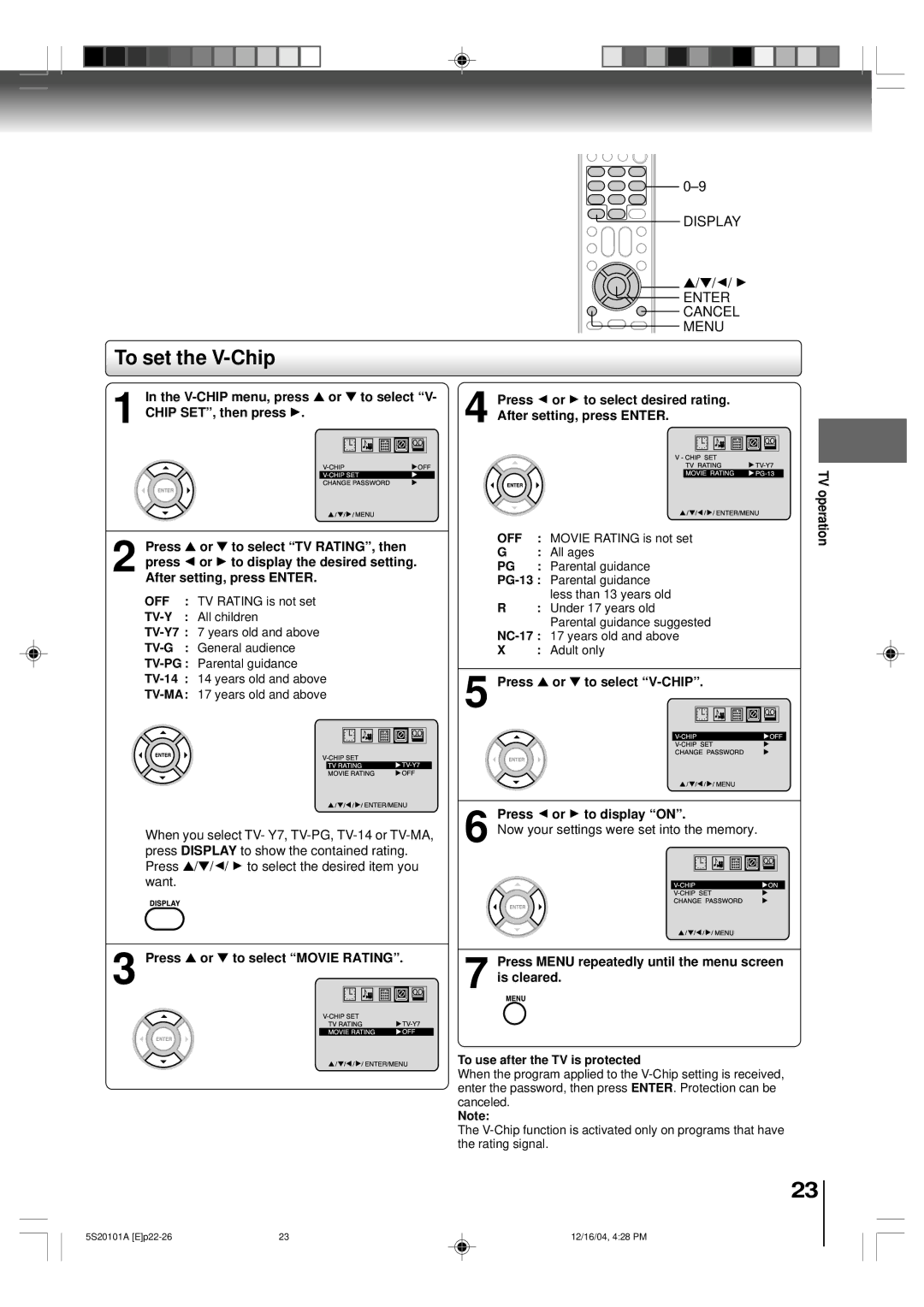 Toshiba MV13Q41 owner manual To set the V-Chip, Display Enter Cancel Menu, Off, Tv-G 