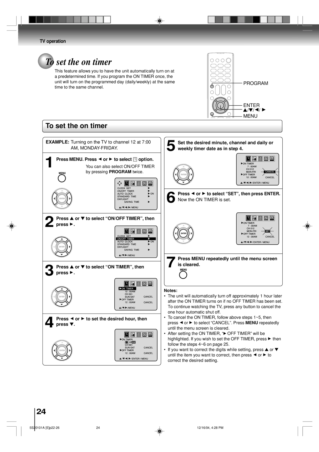 Toshiba MV13Q41 owner manual To set the on timer, Press or to select ON/OFF TIMER, then 