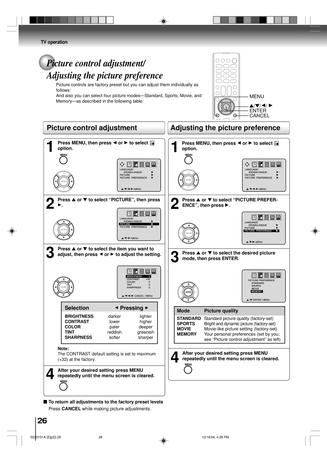 Toshiba MV13Q41 owner manual Picture control adjustment, Adjusting the picture preference 