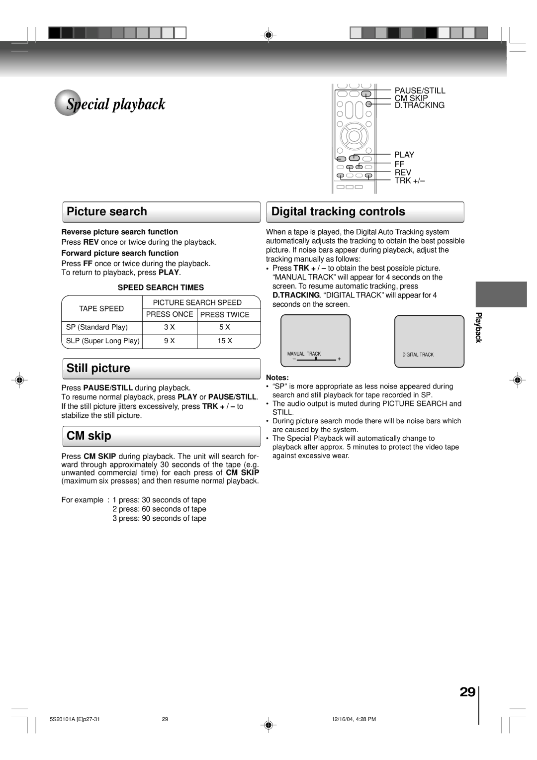 Toshiba MV13Q41 Special playback, Picture search Digital tracking controls, Still picture, CM skip, Speed Search Times 