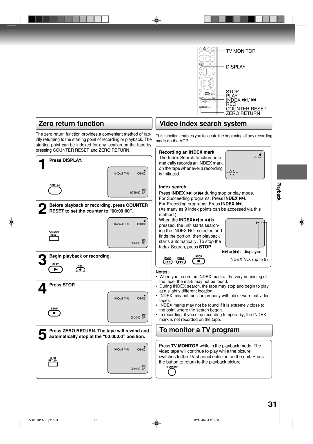 Toshiba MV13Q41 Zero return function Video index search system, To monitor a TV program, Recording an Index mark 