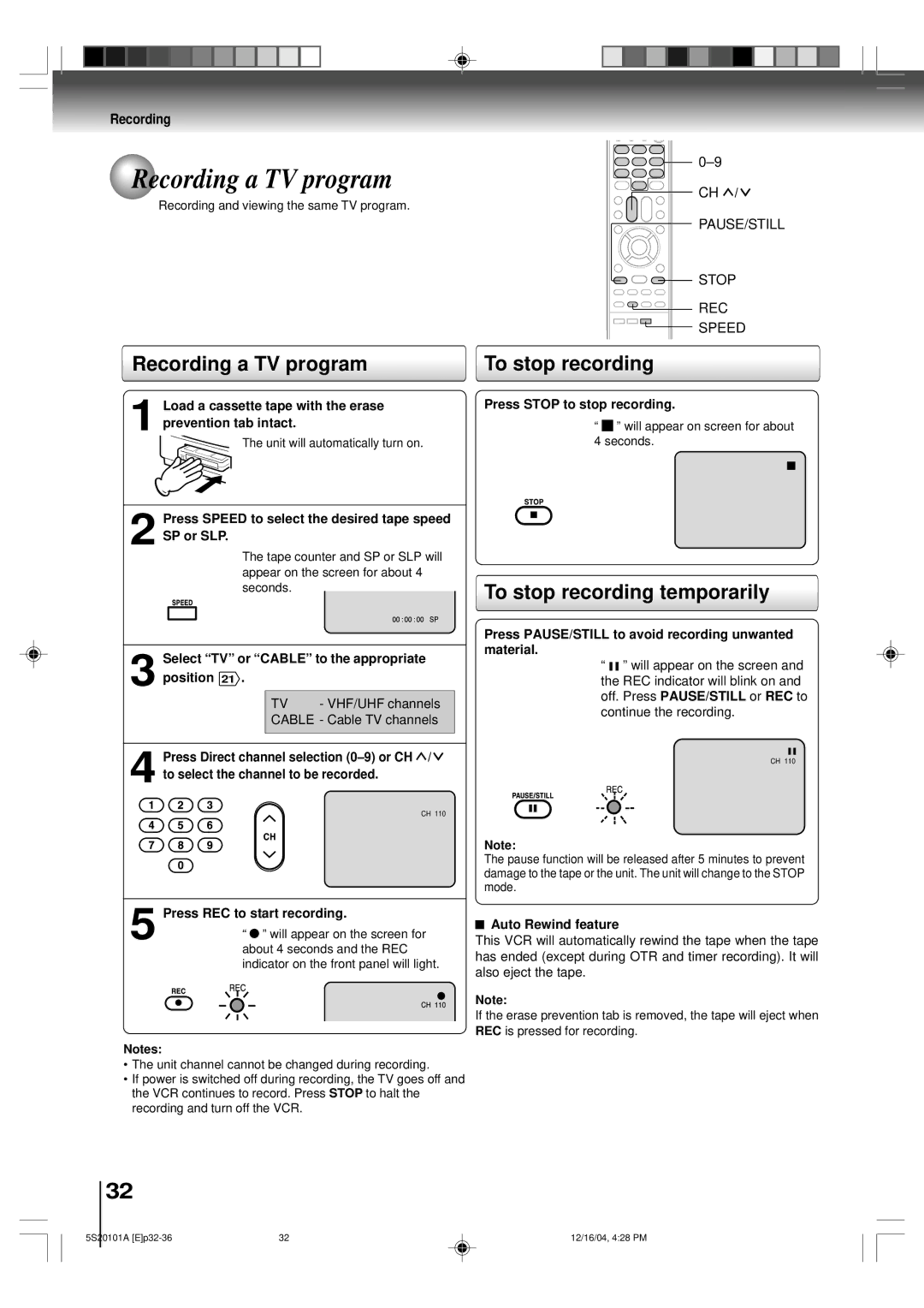 Toshiba MV13Q41 owner manual Recording a TV program, To stop recording temporarily 