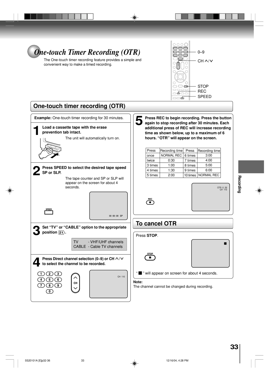 Toshiba MV13Q41 owner manual One-touch Timer Recording OTR, One-touch timer recording OTR, To cancel OTR 