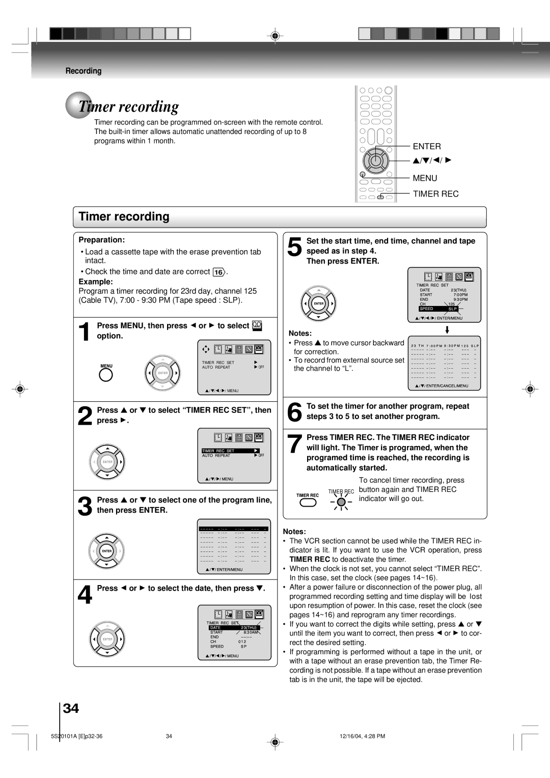 Toshiba MV13Q41 owner manual Timer recording, Example, Speed as in step Then press Enter 