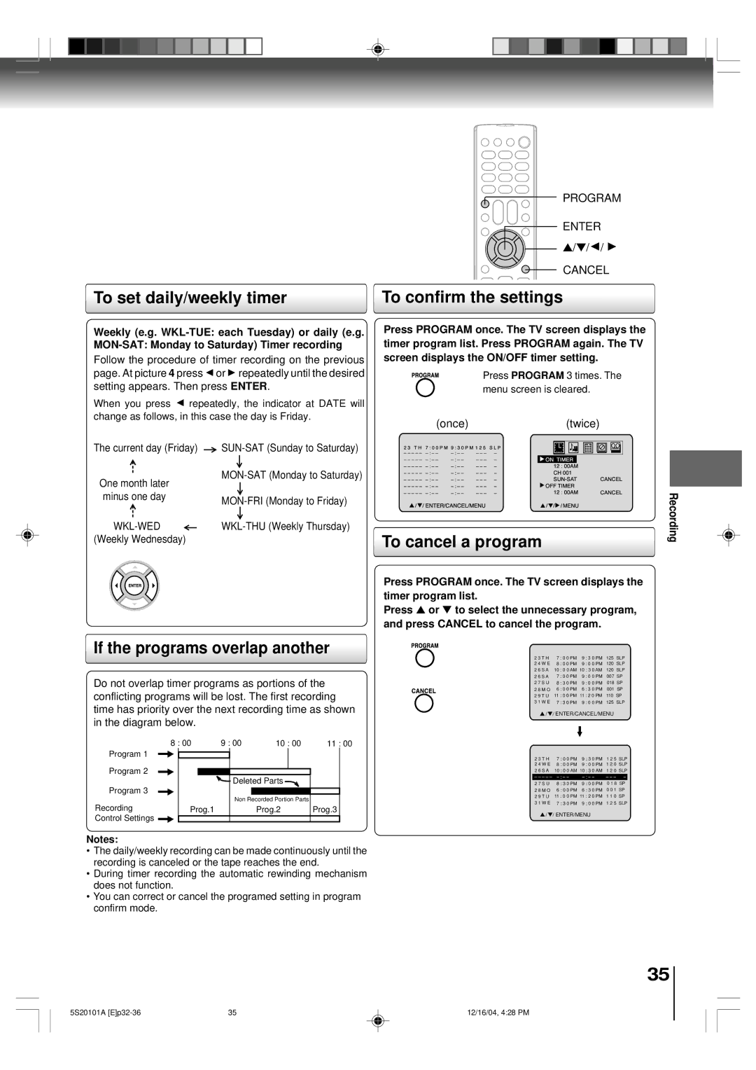 Toshiba MV13Q41 To set daily/weekly timer To confirm the settings, If the programs overlap another, To cancel a program 