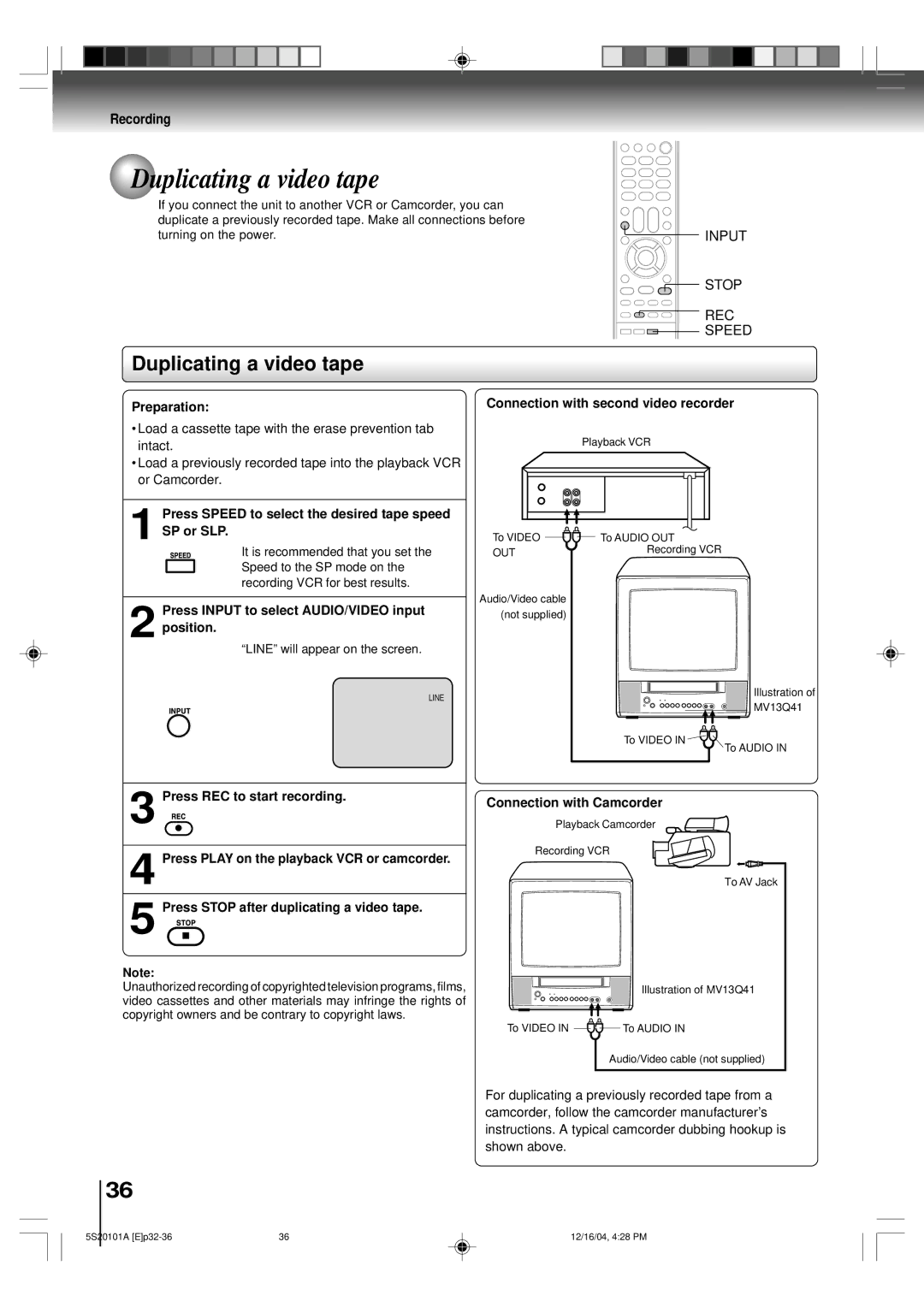 Toshiba MV13Q41 owner manual Duplicating a video tape, Connection with second video recorder, Connection with Camcorder 