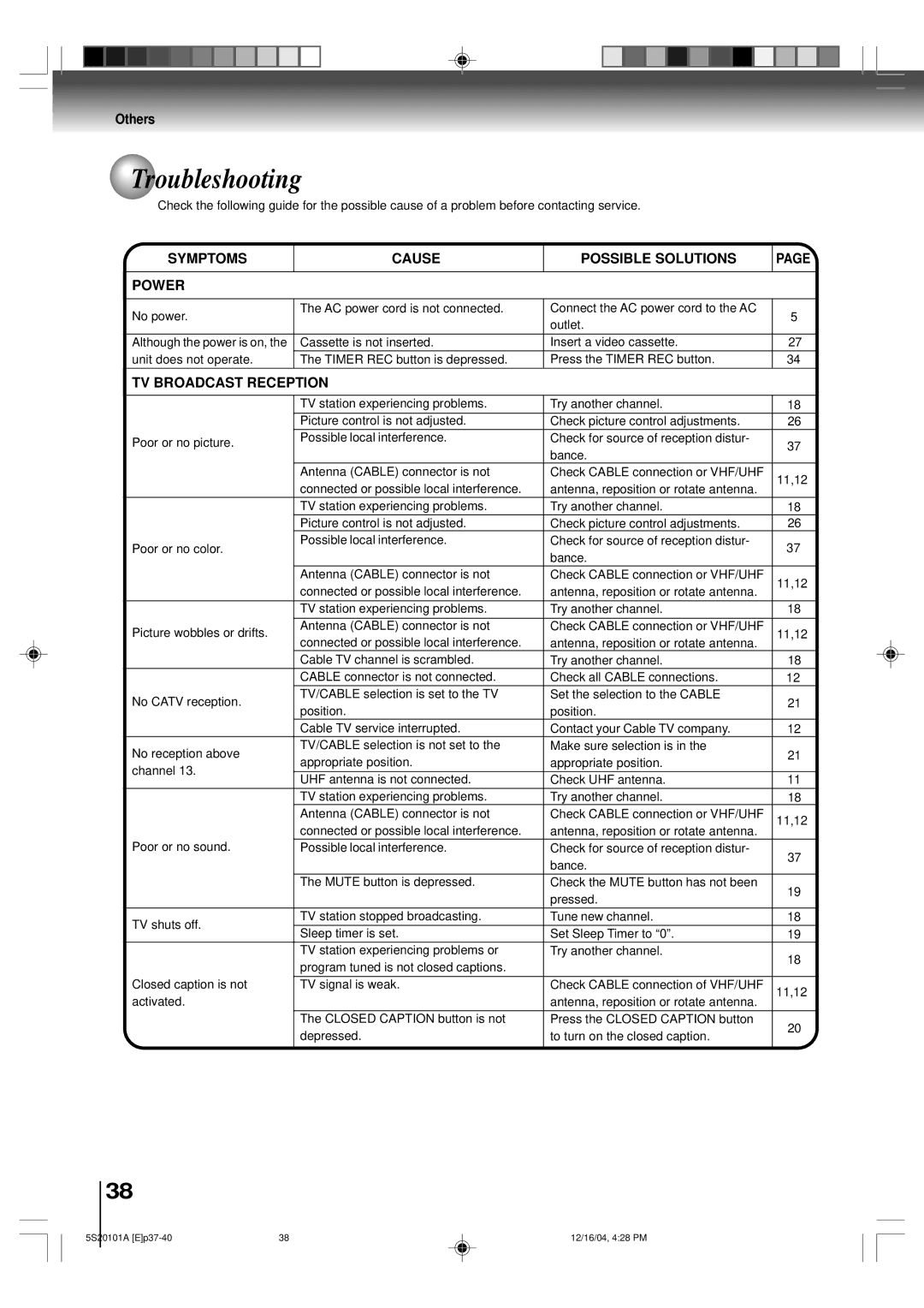 Toshiba MV13Q41 owner manual Troubleshooting, Symptoms Cause Possible Solutions Power, TV Broadcast Reception 