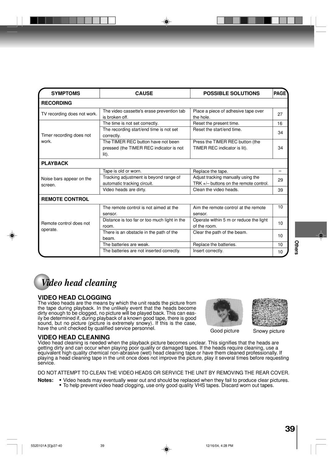 Toshiba MV13Q41 owner manual Video head cleaning, Symptoms Cause Possible Solutions Recording, Playback, Remote Control 