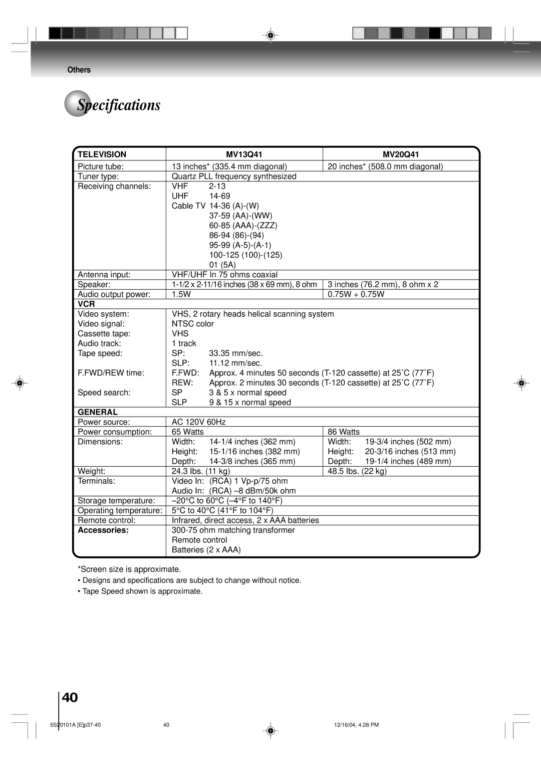 Toshiba MV13Q41 owner manual Specifications, Television, Vcr, General 