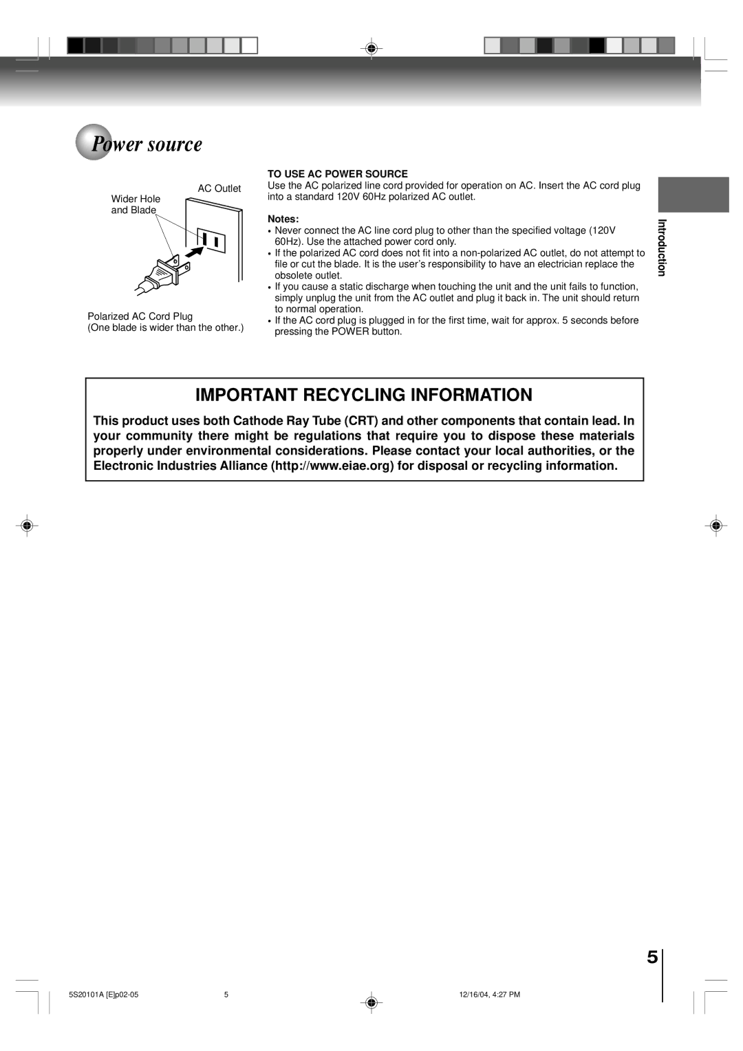 Toshiba MV13Q41 owner manual Power source, To USE AC Power Source 