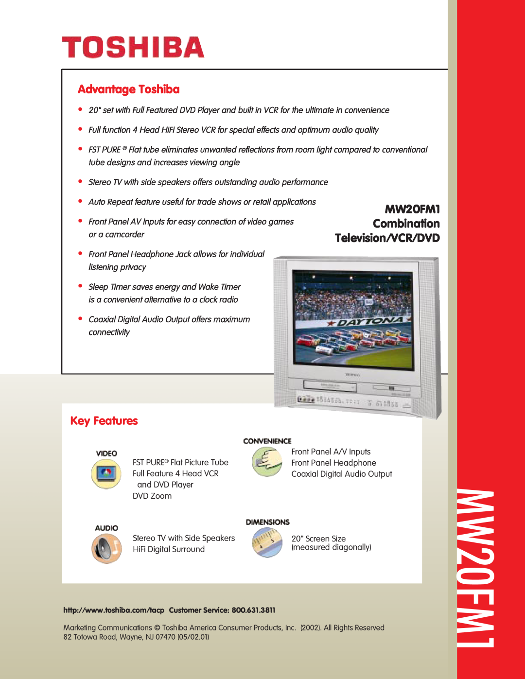 Toshiba MW 20FM1 manual Advantage Toshiba, Key Features, MW20FM1 Combination Television/VCR/DVD 