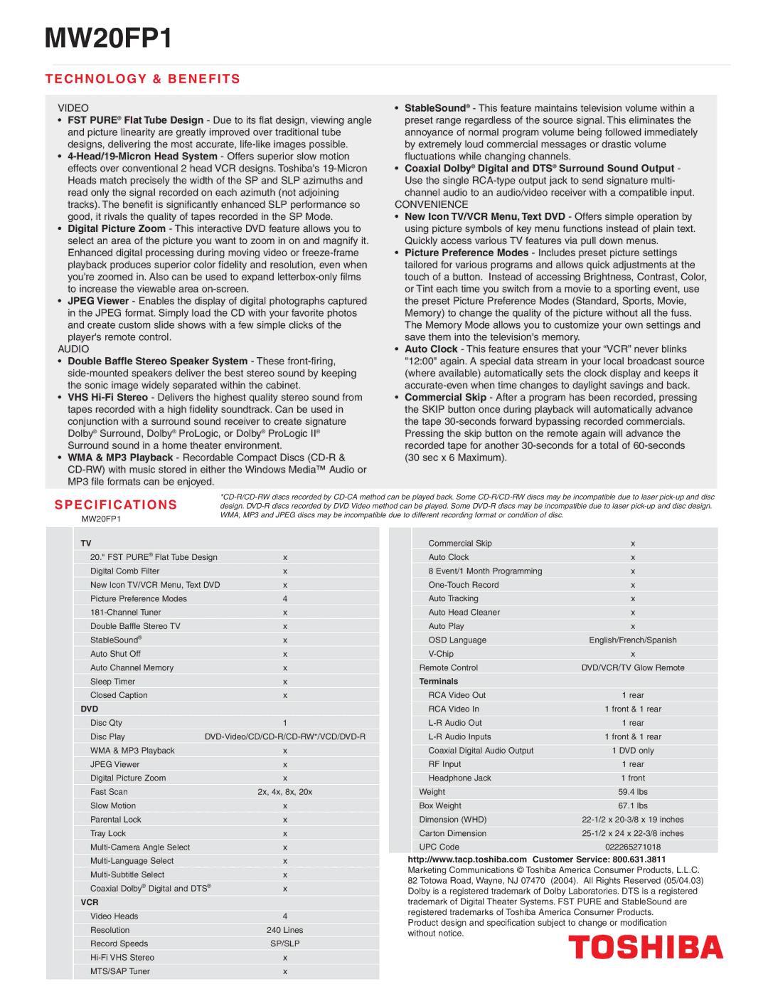 Toshiba MW 20FP1 manual Technology & Benefits, Specifications, Dvd, Vcr 