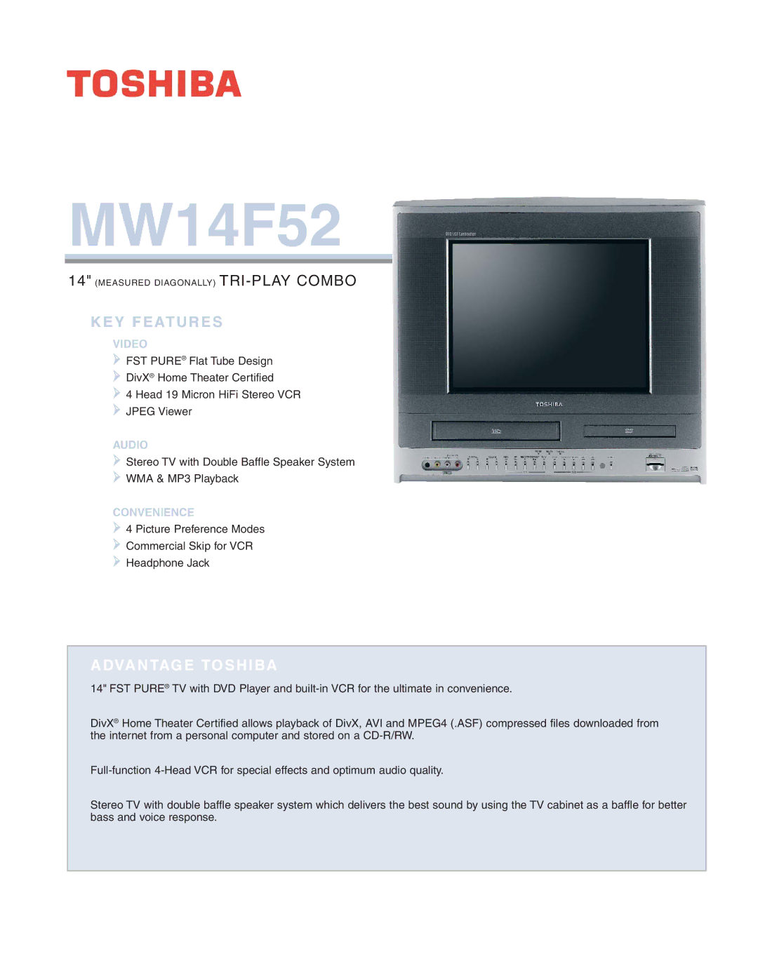 Toshiba MW14F52 manual KEY Features 