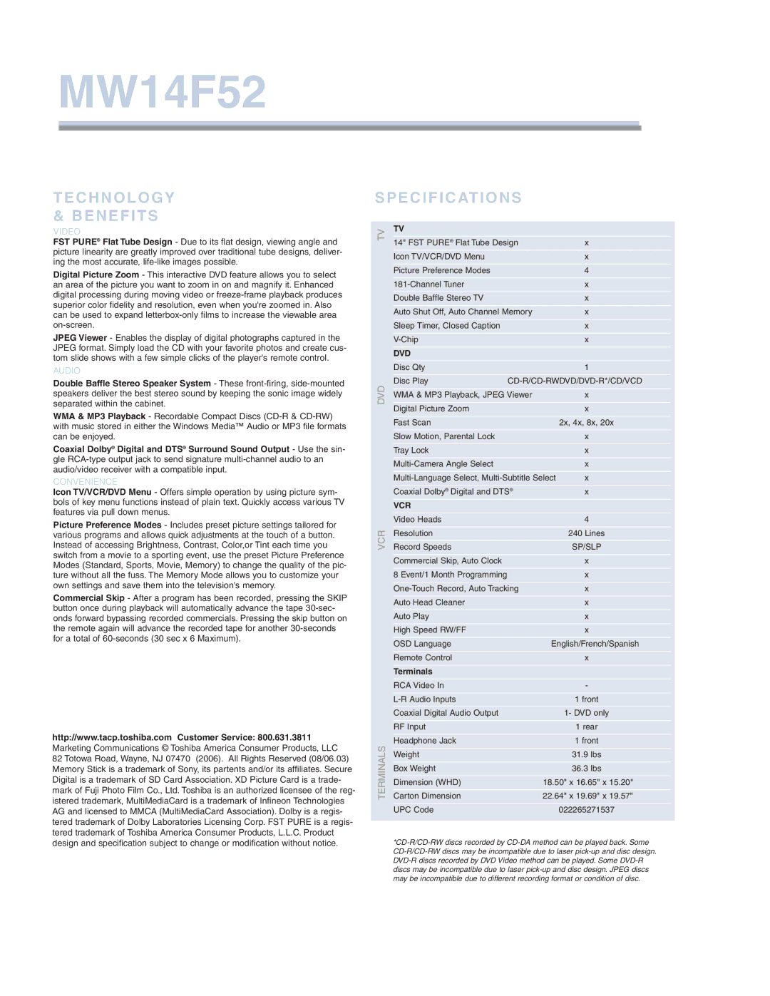Toshiba MW14F52 manual Technology & Benefits, Specifications, Dvd, Vcr 