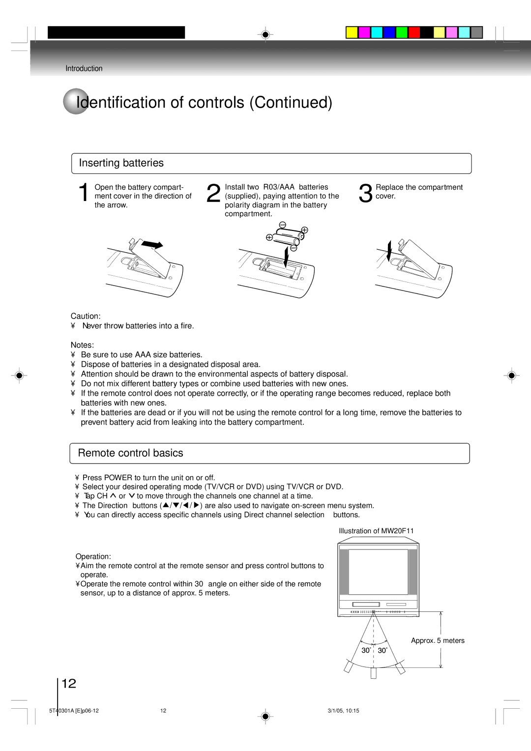 Toshiba MW20F11, MW24F11 owner manual Inserting batteries, Operation 