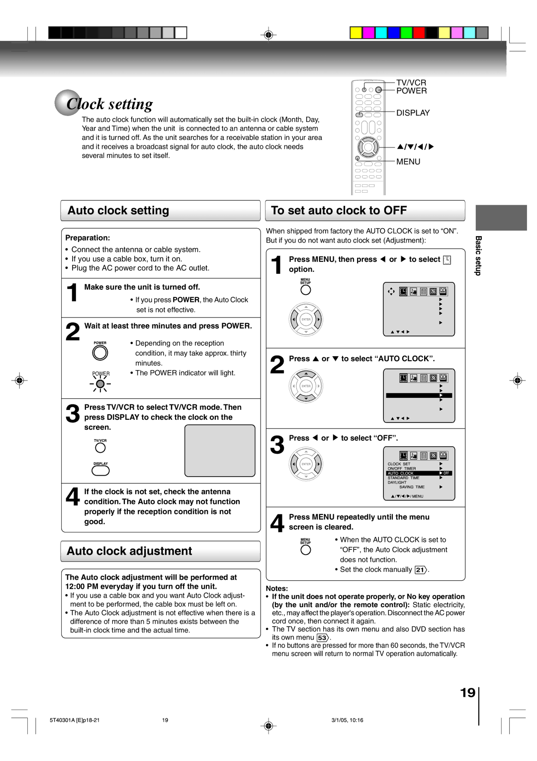 Toshiba MW24F11, MW20F11 owner manual Clock setting, Auto clock setting, To set auto clock to OFF, Auto clock adjustment 