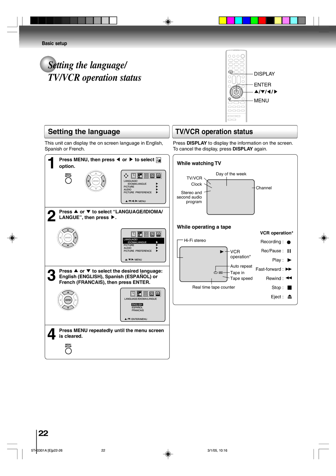 Toshiba MW20F11, MW24F11 owner manual Setting the language, While watching TV, While operating a tape, VCR operation 