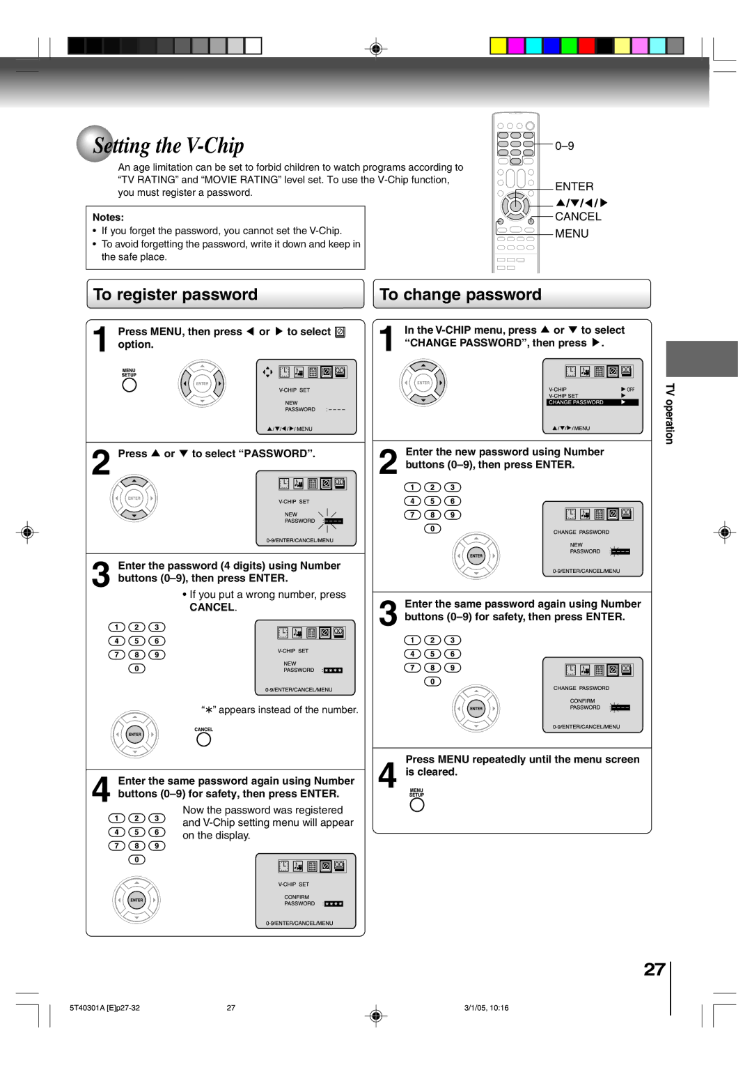 Toshiba MW24F11 Setting the V-Chip, To register password To change password, If you put a wrong number, press, Cancel 