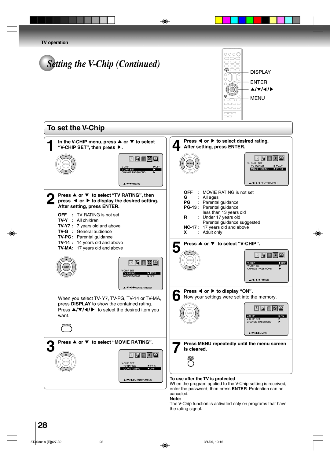 Toshiba MW20F11, MW24F11 owner manual To set the V-Chip, Off, Tv-Y, Tv-G, Tv-Ma 