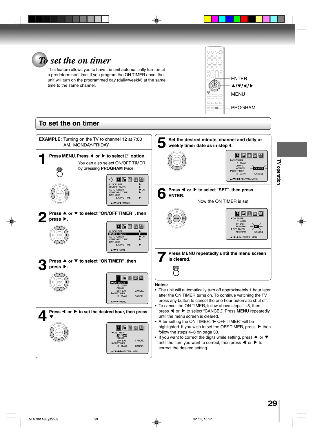 Toshiba MW24F11, MW20F11 owner manual To set the on timer, Press MENU. Press or to select Option 