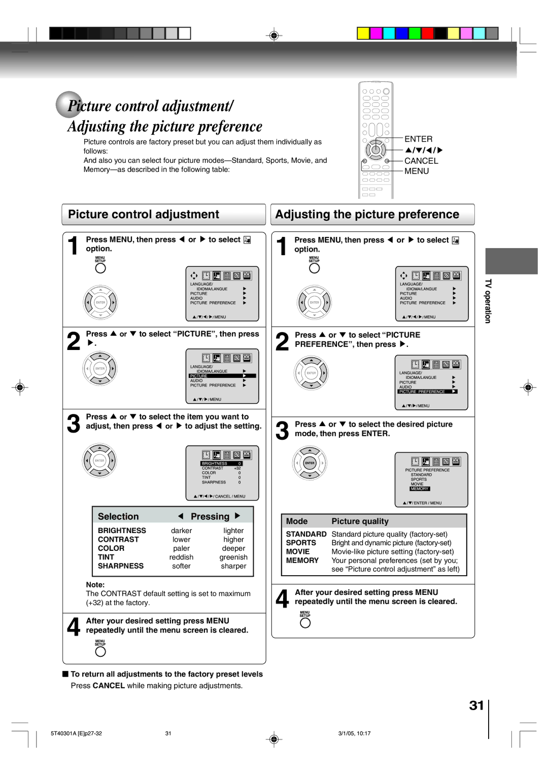 Toshiba MW24F11, MW20F11 owner manual Picture control adjustment Adjusting the picture preference, Mode Picture quality 