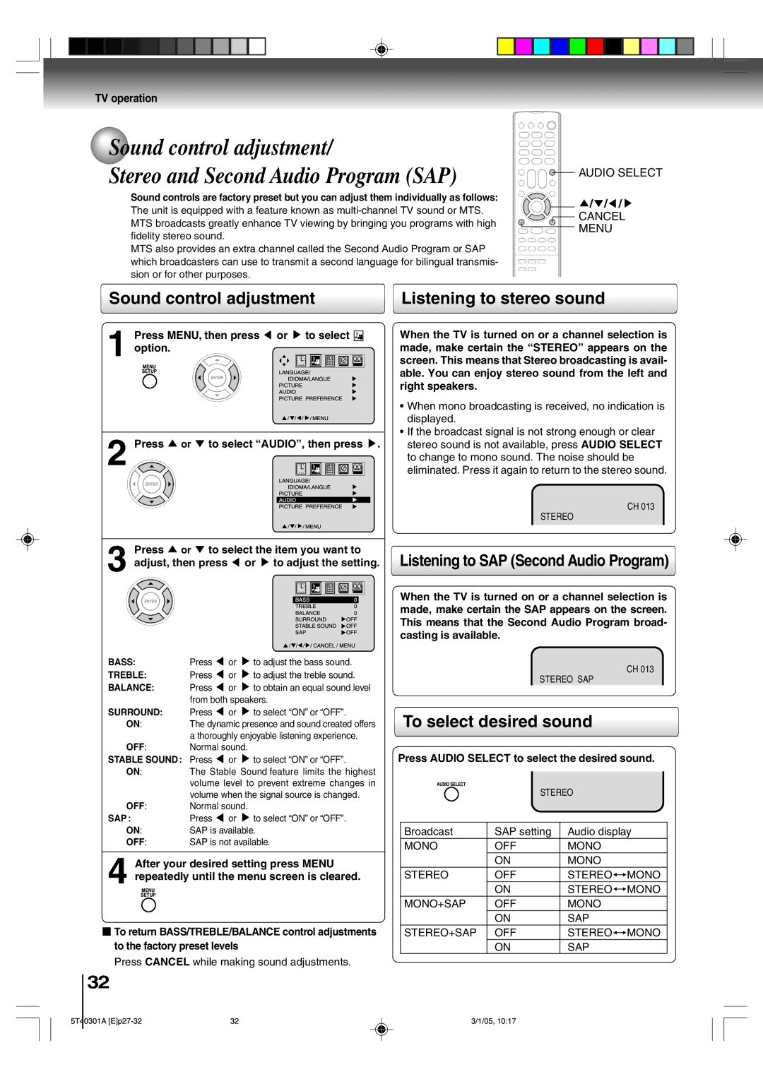 Toshiba MW20F11, MW24F11 Sound control adjustment, Listening to stereo sound, Listening to SAP Second Audio Program 