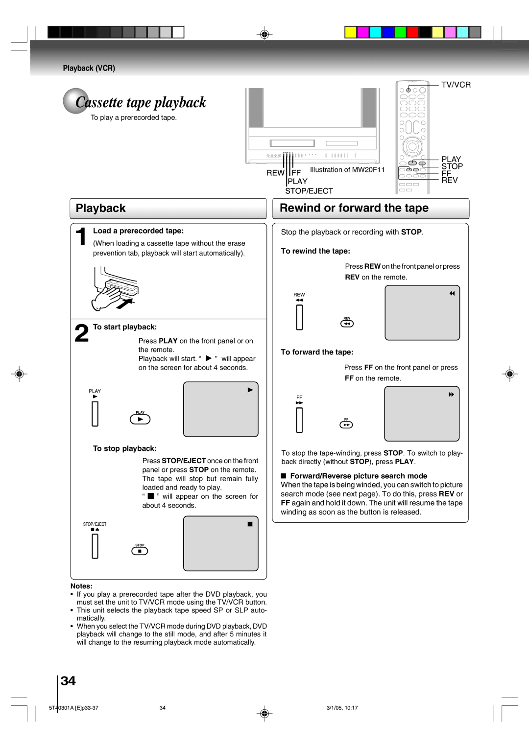 Toshiba MW20F11, MW24F11 owner manual Cassette tape playback, Playback, Rewind or forward the tape 