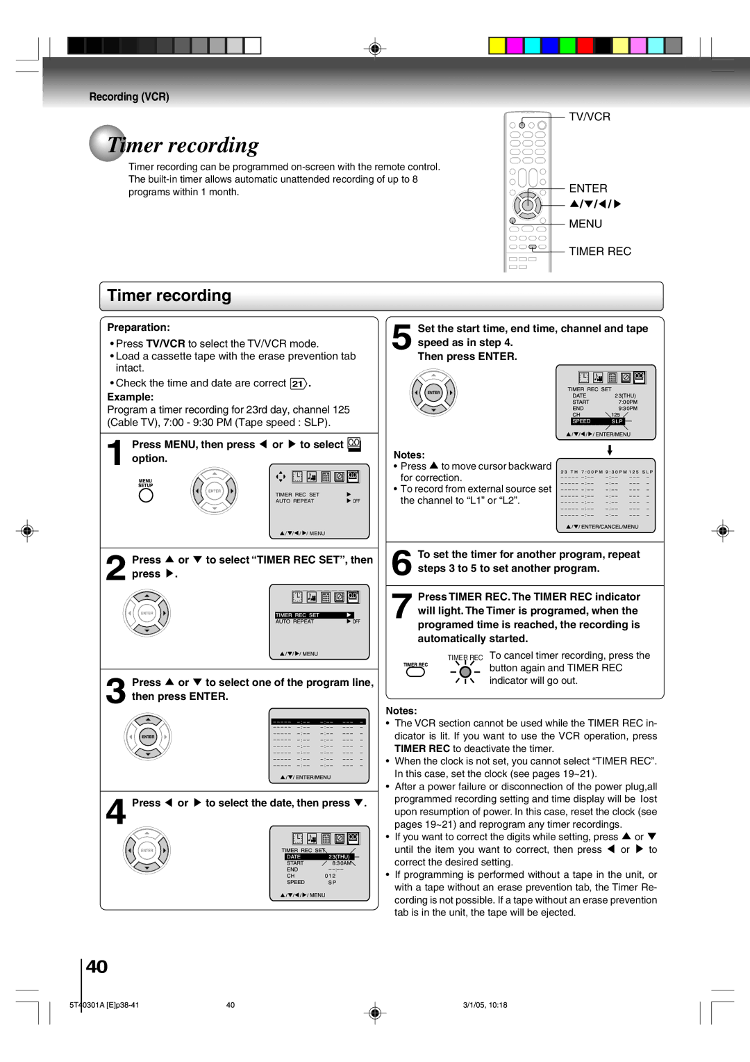 Toshiba MW20F11, MW24F11 Timer recording, Example, Speed as in step Then press Enter, Press to move cursor backward 