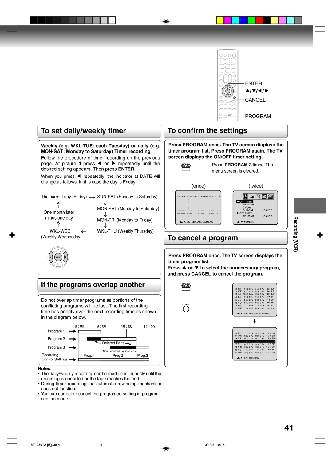 Toshiba MW24F11 To set daily/weekly timer, If the programs overlap another, To confirm the settings, To cancel a program 