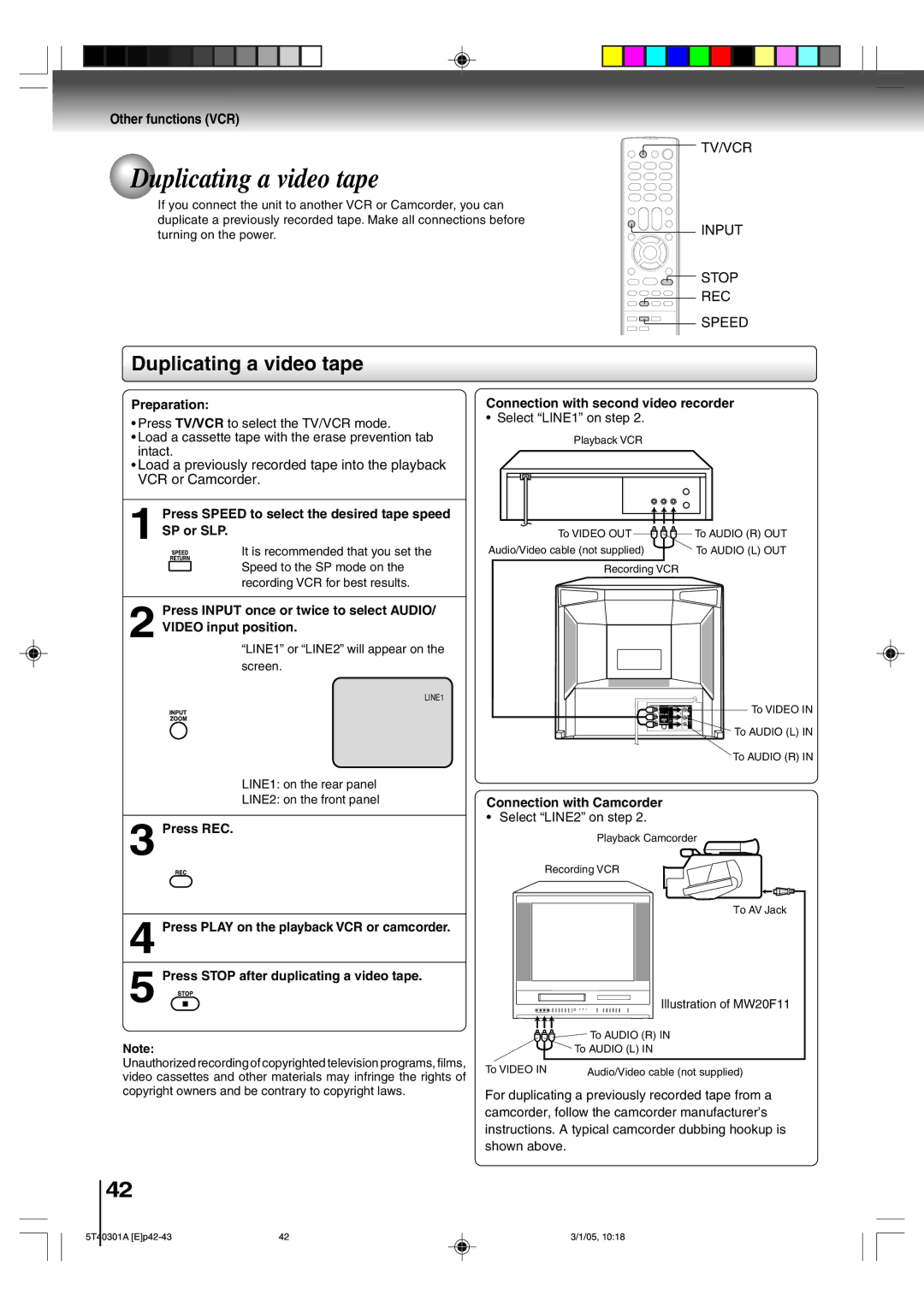 Toshiba MW20F11, MW24F11 owner manual Duplicating a video tape, Other functions VCR, Connection with second video recorder 