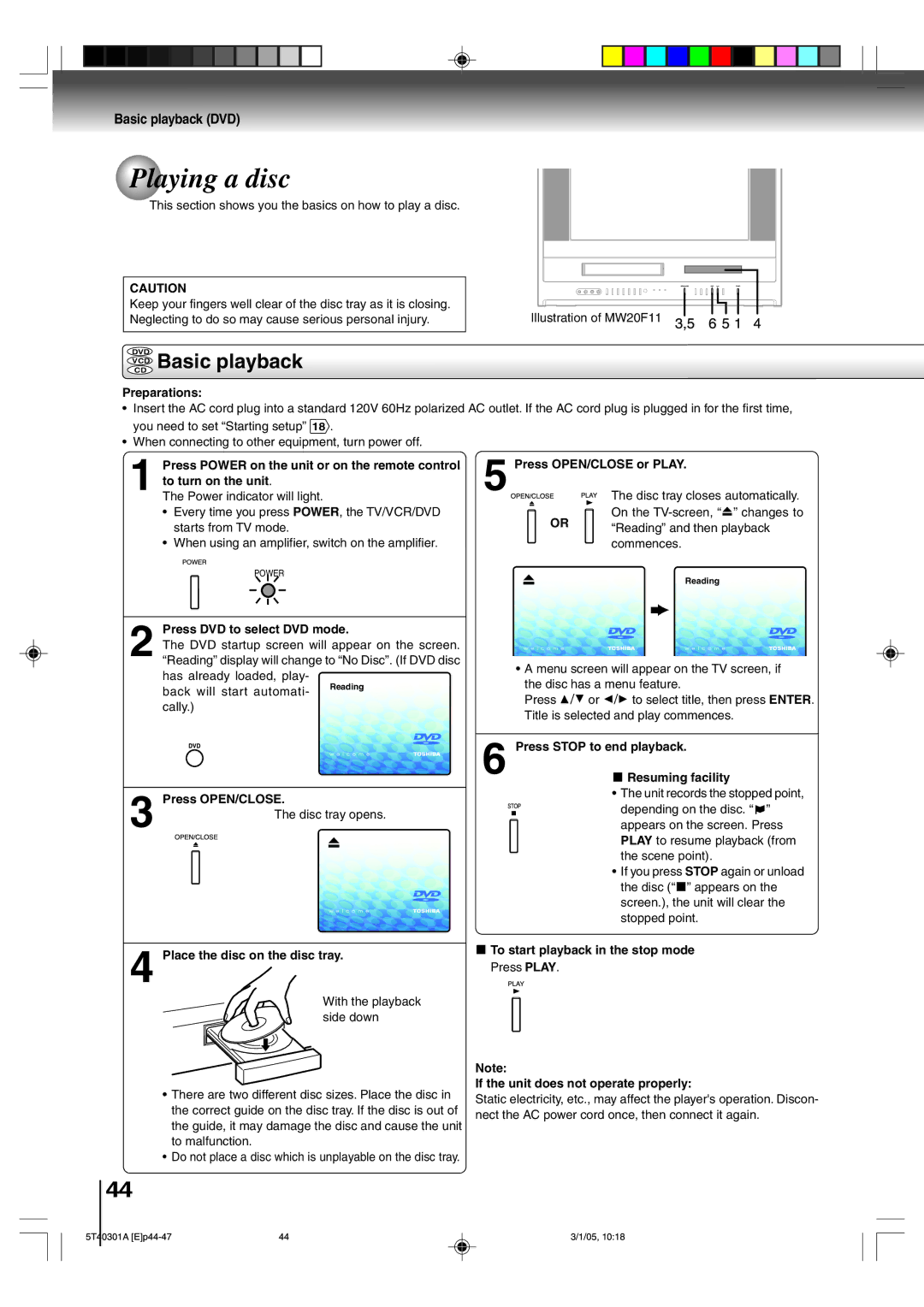 Toshiba MW20F11, MW24F11 owner manual Playing a disc, Vcdcd Basic playback, Basic playback DVD 