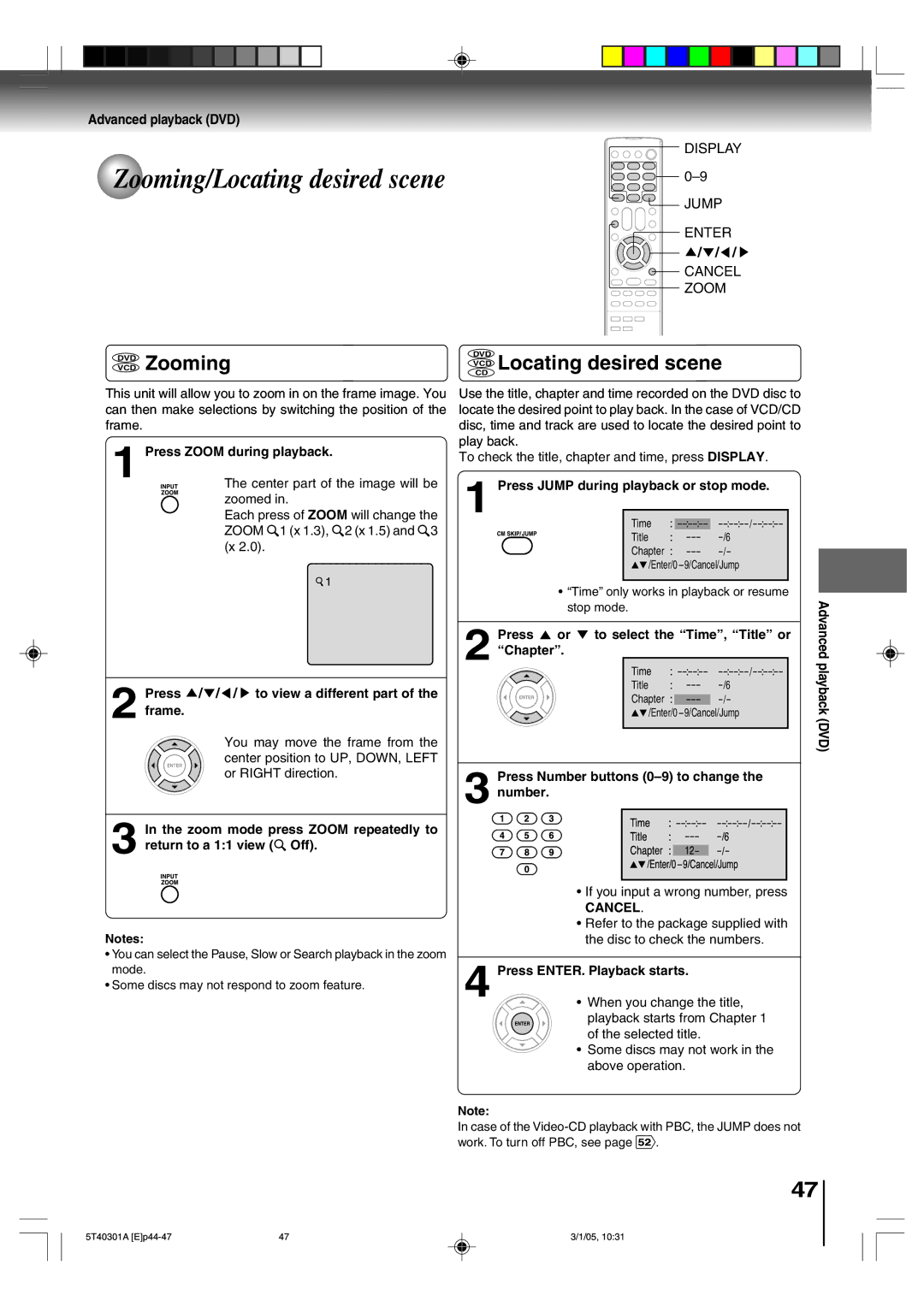 Toshiba MW24F11, MW20F11 owner manual DVD Zooming, VCD Locating desired scene, Advanced playback DVD 