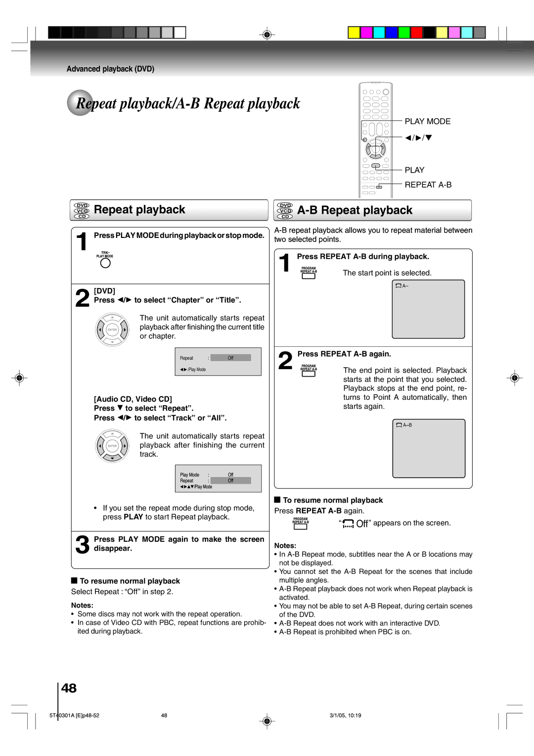 Toshiba MW20F11, MW24F11 owner manual Repeat playback/A-B Repeat playback, VCD Repeat playback, VCD A-B Repeat playback 