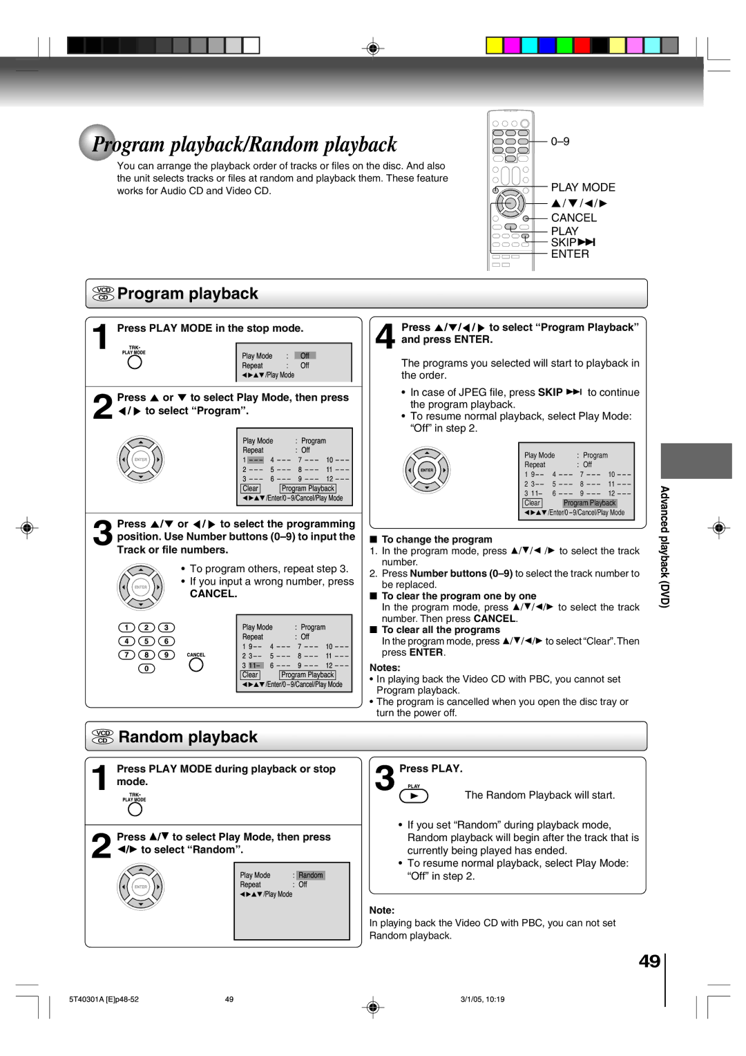 Toshiba MW24F11, MW20F11 owner manual Program playback/Random playback, Vcdcd Program playback 