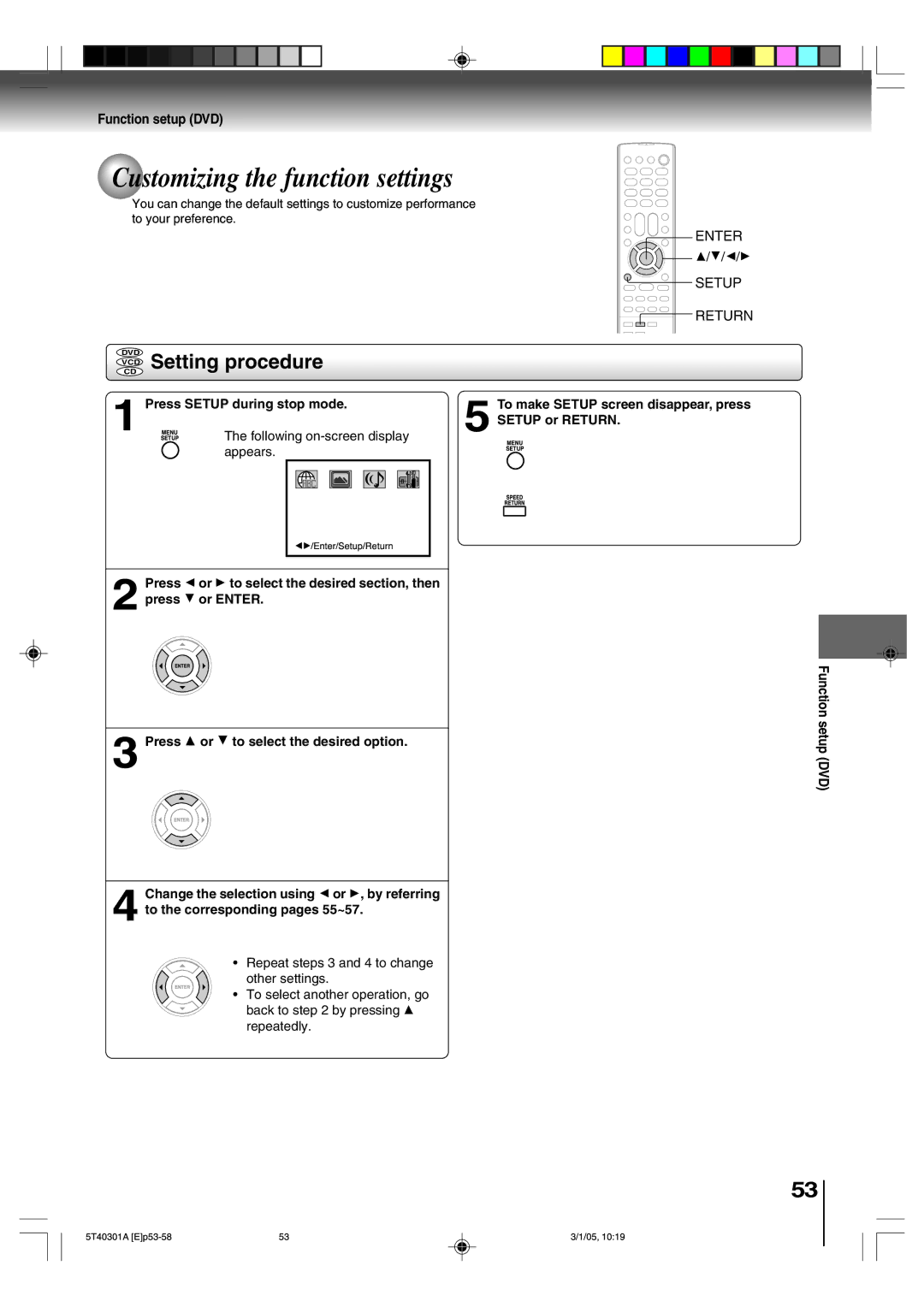 Toshiba MW24F11, MW20F11 owner manual Customizing the function settings, VCD Setting procedure, Function setup DVD 