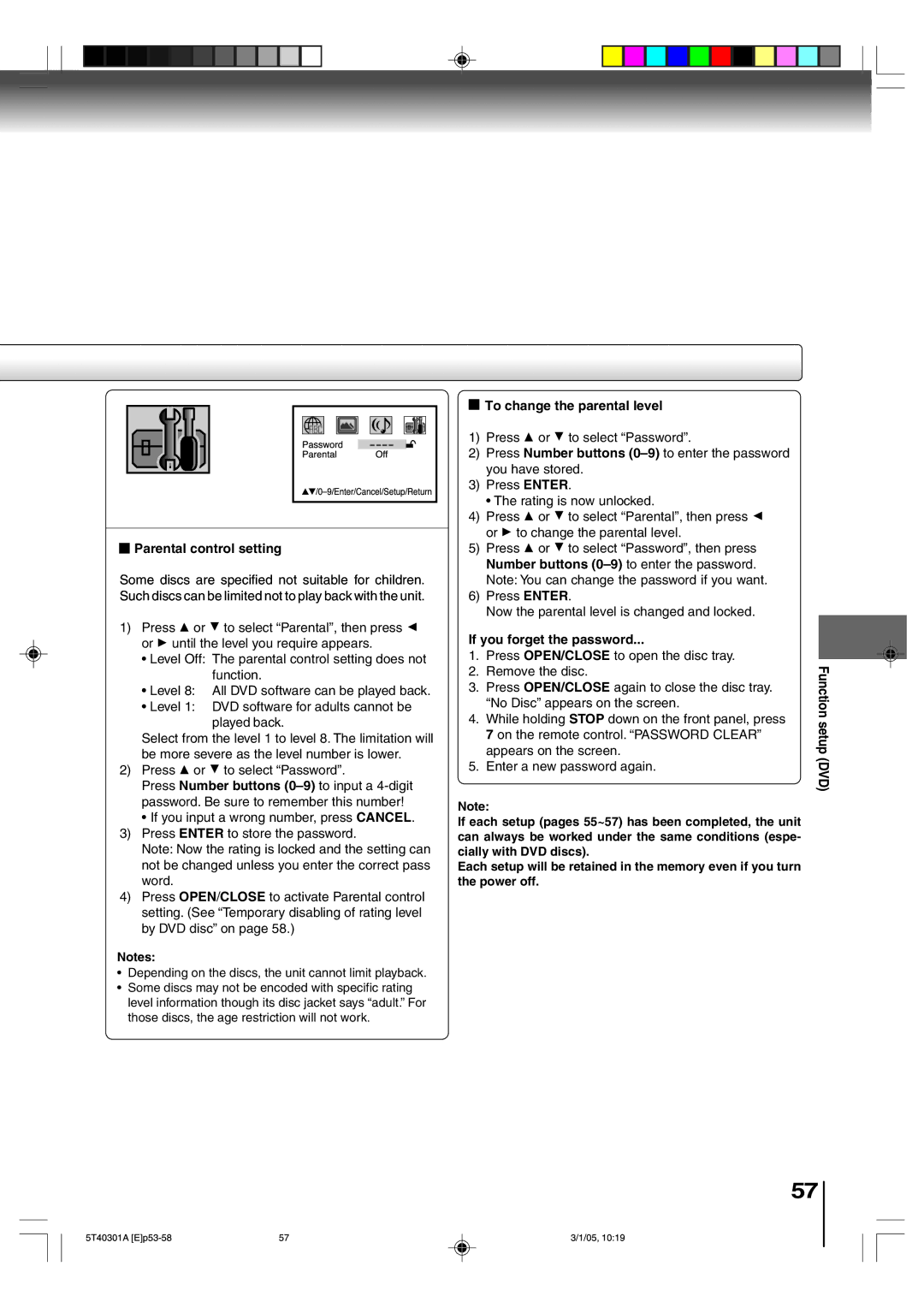 Toshiba MW24F11, MW20F11 owner manual Parental control setting, To change the parental level, If you forget the password 