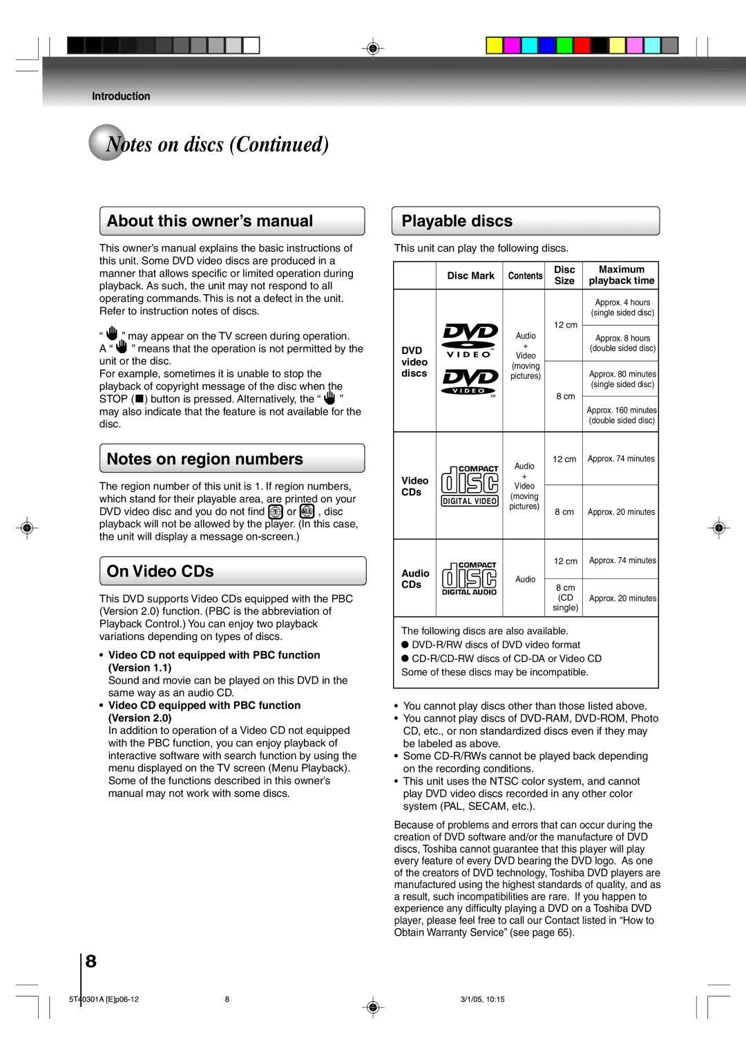 Toshiba MW20F11, MW24F11 owner manual On Video CDs, Playable discs, Dvd 