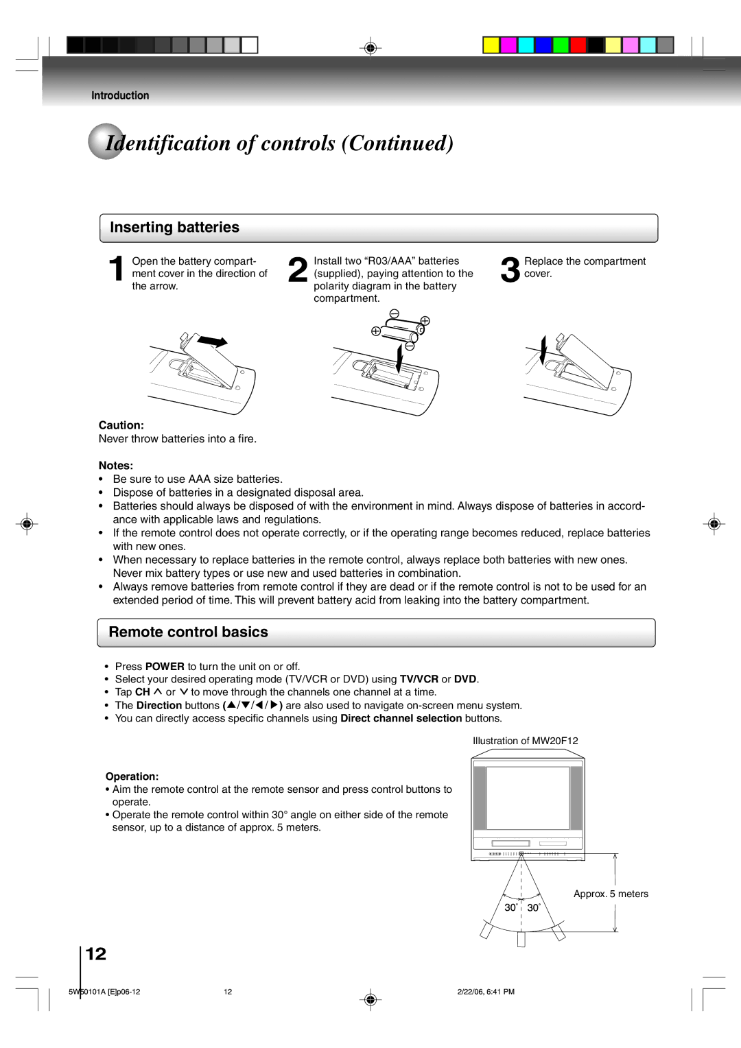 Toshiba MW20F12, MW24F12 owner manual Inserting batteries, Operation 